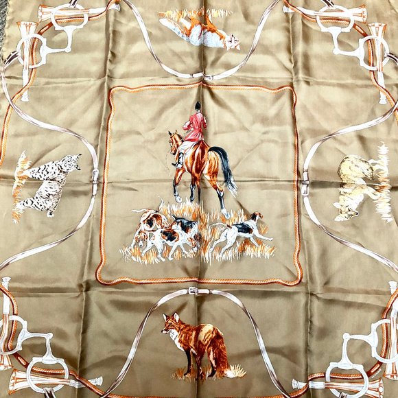 Vintage Equestrian Silk Scarf Fox Hunting Hounds Horn Horse Bits KOREA 34" sq - Picture 7 of 15